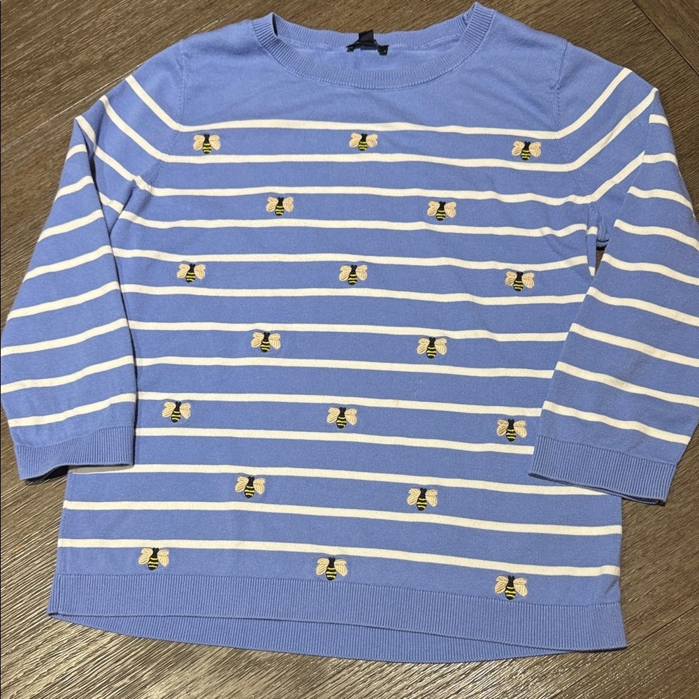 Talbots Blue and White Striped Crewneck Sweater with Bee Embroidery